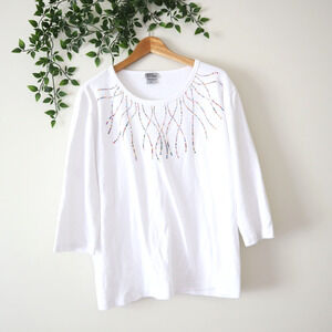 Isaac's Designs White 3/4 Sleeve Soft Cotton Multicolor Rhinestone Top Size 1XL